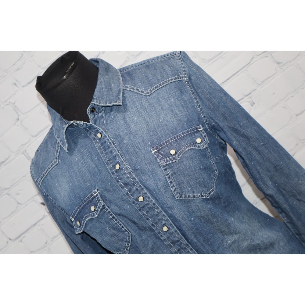 Tommy Hilfiger Denim Western Shirt Women Large Blue Polka Dot Button Snaps